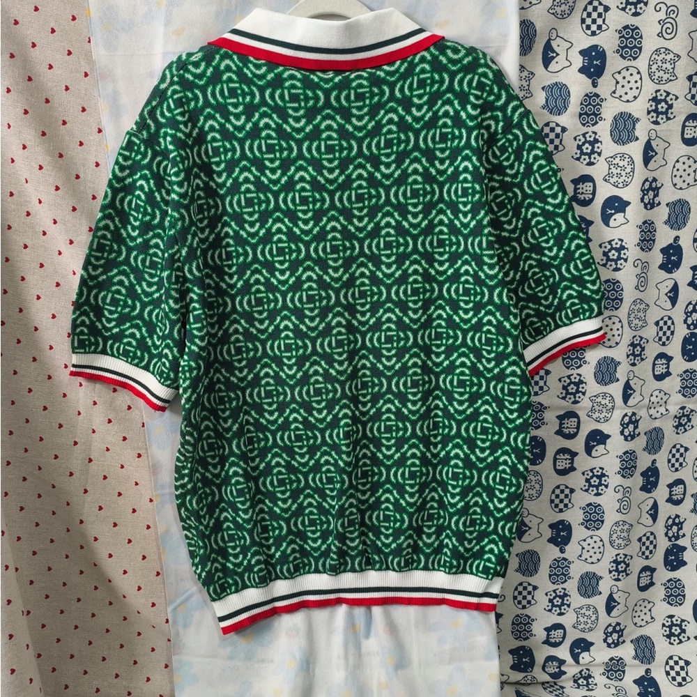 Casablanca Green Patterned Short-Sleeve Polo Knit Top with Ivory Collar - Picture 7 of 7